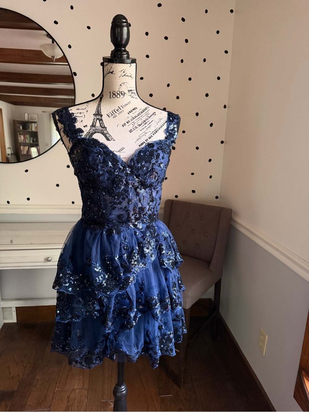 Navy Blue Lace & Sequin Tiered Formal Dress